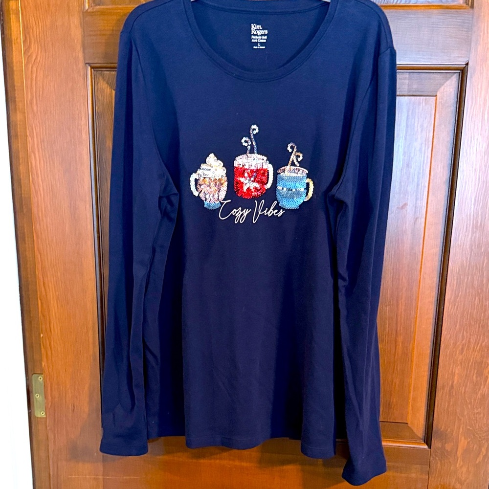 Kim Rogers perfectly Soft Cozy Vibes sequin embellished Coffee cups Navy Lg NWOT